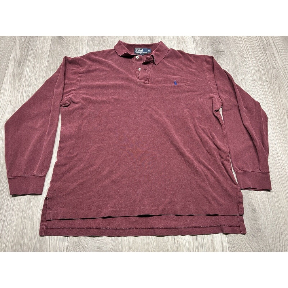 Polo Ralph Lauren Long‎ Sleeve Casual Collared Polo Shirt Maroon Red Faded Sz XL